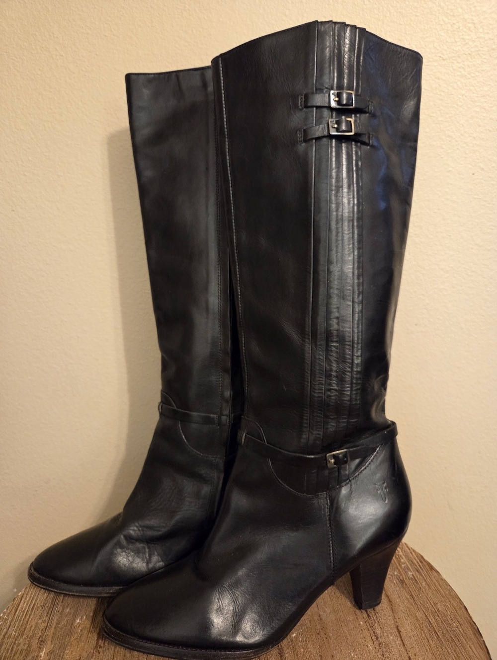 FRYE Vintage Black Leather Pull-On‎ Zip Heeled Riding Knee Boots Women's SZ 8.5